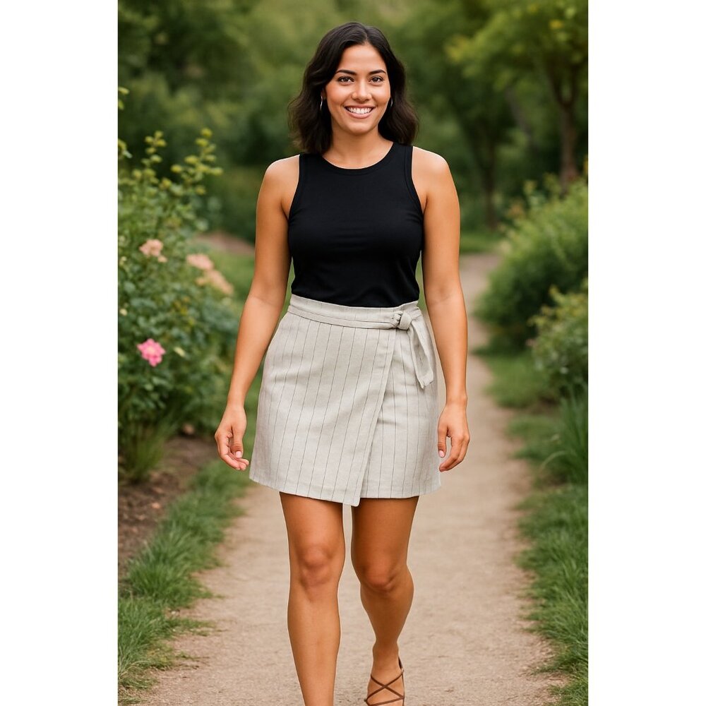 New Max Studio Small Linen Wrap Mini Skirt Buckle Tan Striped